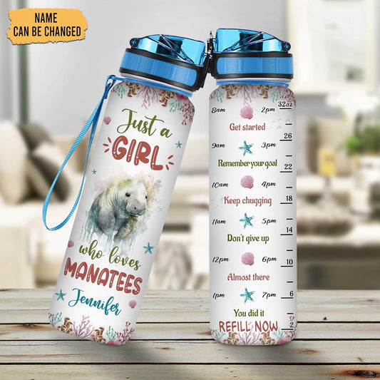 Manatee Lovers Water Bottle Tracker 32oz – Personalized Hydration Bottle with Time Marker – Sentimental Gift for Ocean Lovers
