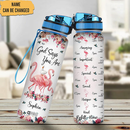 Inspirational Flamingo Water Bottle Tracker 32oz – Personalized Hydration Bottle with Time Marker – Thoughtful Gift for Women