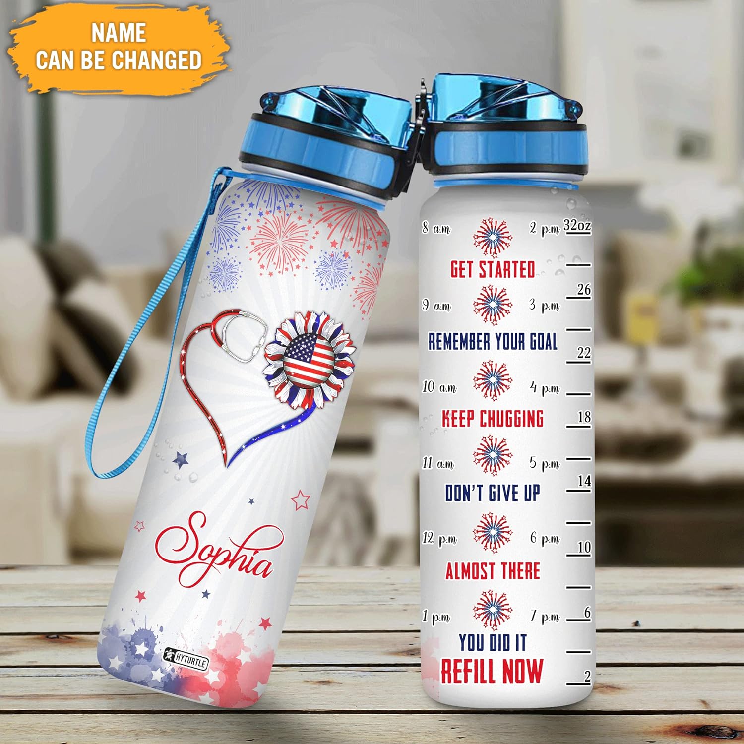 Nurse Stethoscope American Flag - Personalized Water Tracker Bottle 32oz