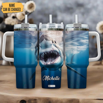 Great White Shark Tumbler 40oz – Personalized Stainless Steel Insulated Cup with Handle & Straw – Bold Gift for Shark Lovers