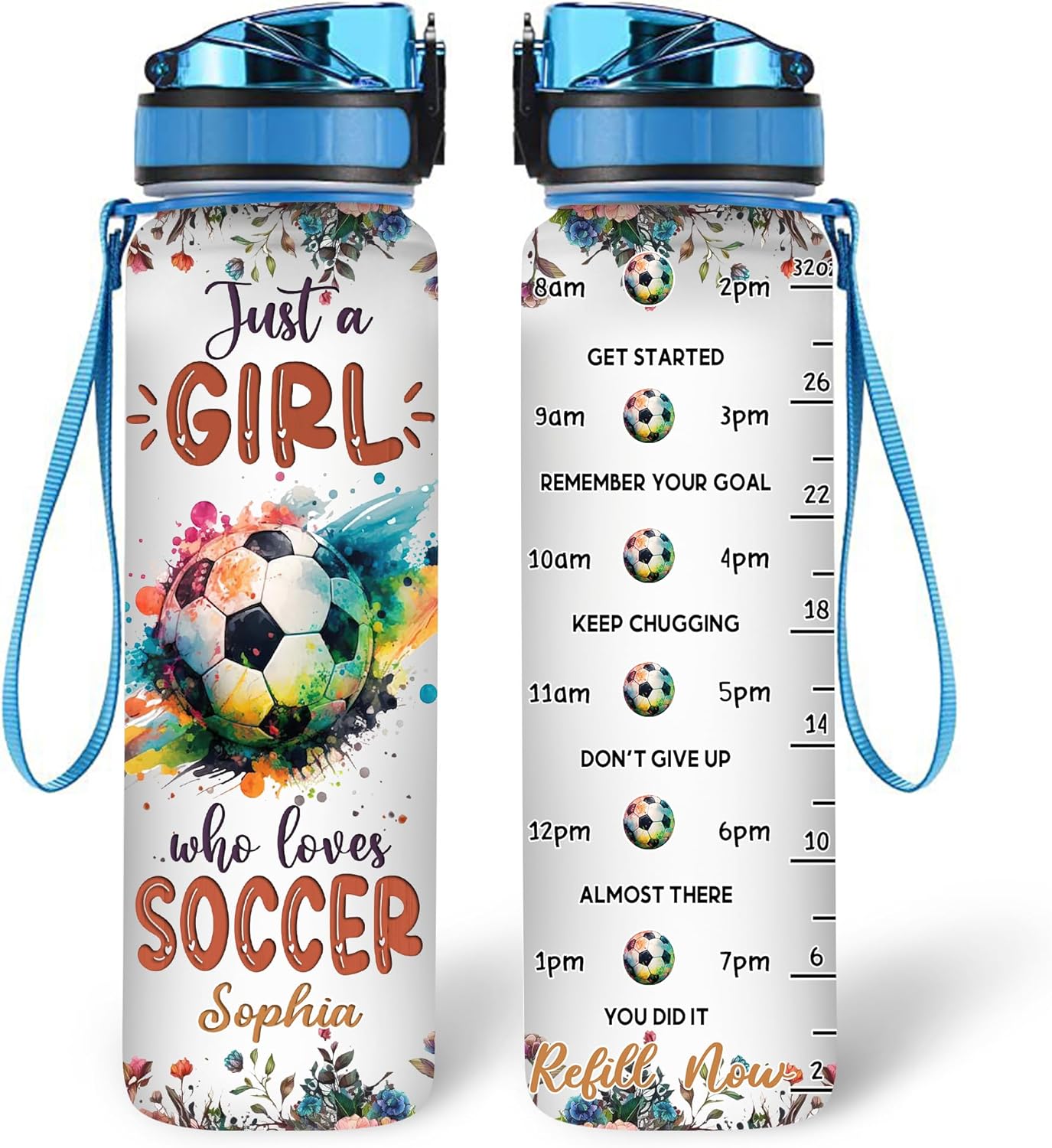 Soccer Lovers Water Bottle Tracker 32oz – Personalized Hydration Bottle with Time Marker – Creative Gift for Sports Fans
