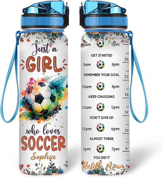 Soccer Lovers Water Bottle Tracker 32oz – Personalized Hydration Bottle with Time Marker – Creative Gift for Sports Fans