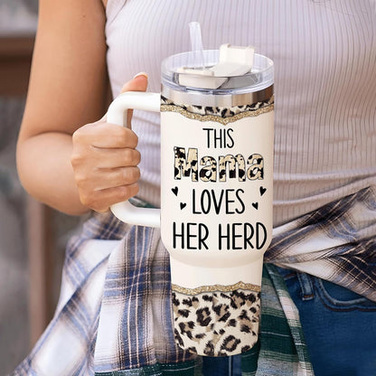 Highland Cow Mama Tumbler 40oz – Personalized Stainless Steel Travel Cup with Handle & Straw, Insulated & Leak-Proof – Creative Farm Animal Gift for Mom