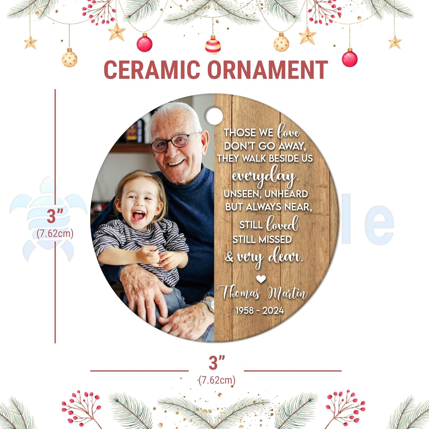 Wood-Tone Quote and Photo Memorial Ceramic Circle Ornament – Personalized Remembrance Christmas Gift for Family, Friends or Caregivers