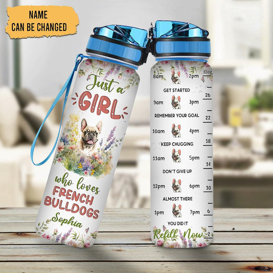 French Bulldog Lovers Water Bottle Tracker 32oz – Personalized Motivational Hydration Bottle with Time Marker – Stylish Gift for Dog Moms on Birthday, Christmas