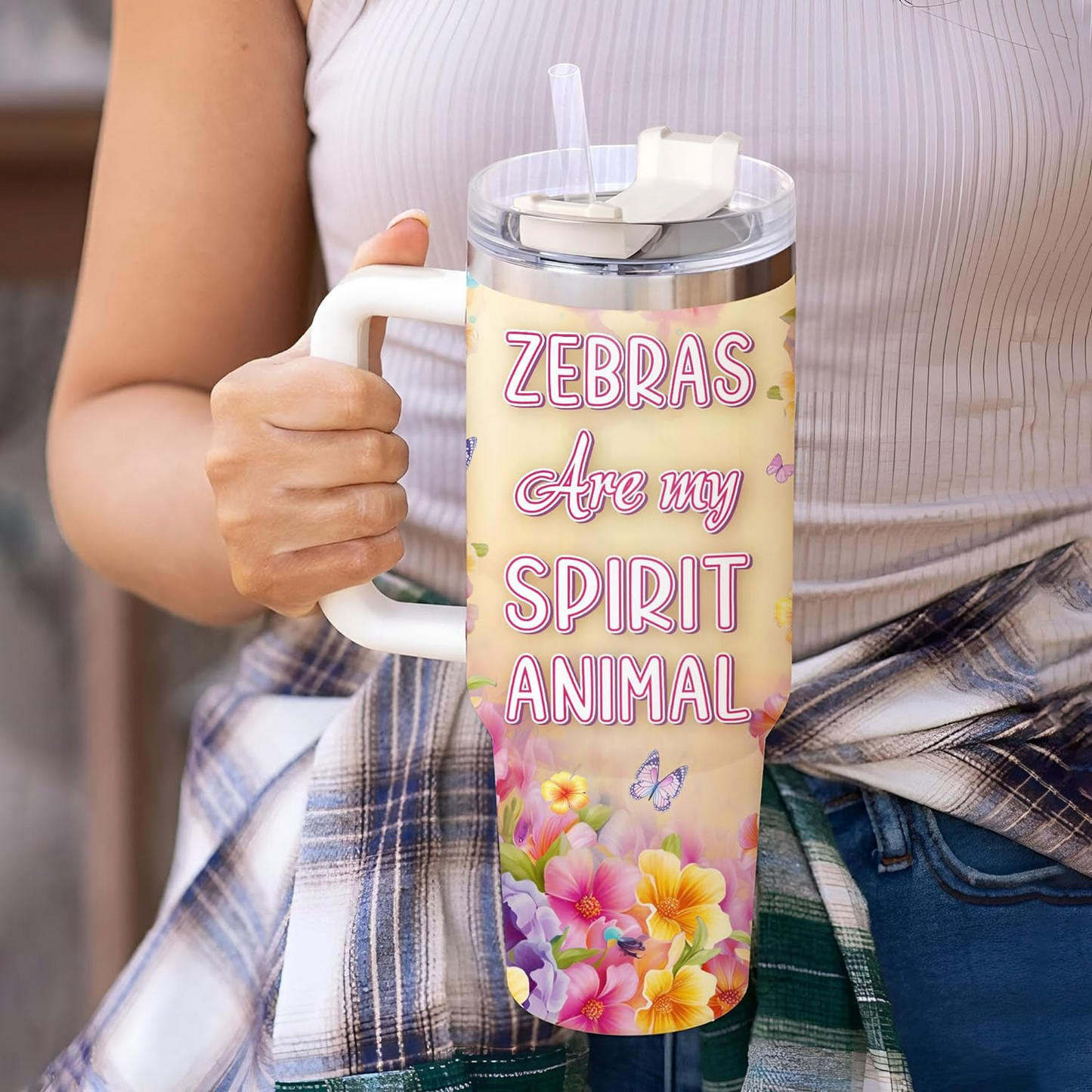 Zebra Lover Tumbler 40oz with Handle & Straw – Personalized Stainless Steel Insulated Cup with Lid – Stylish Birthday Gift for Animal Fans