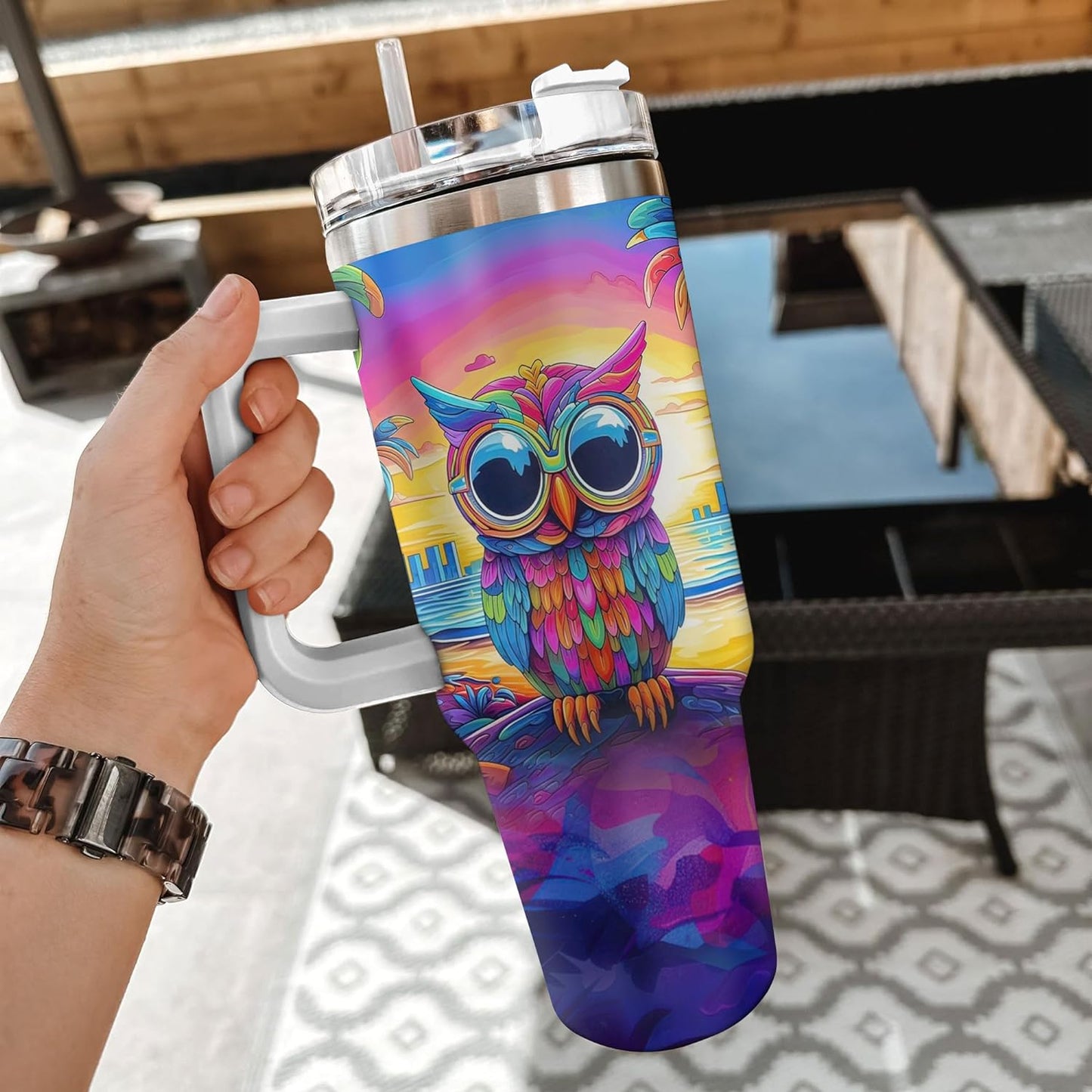 Colorful Sunset Owl Tumbler 40oz with Handle & Straw – Personalized Stainless Steel Insulated Cup with Lid – Unique Gift for Owl Lovers