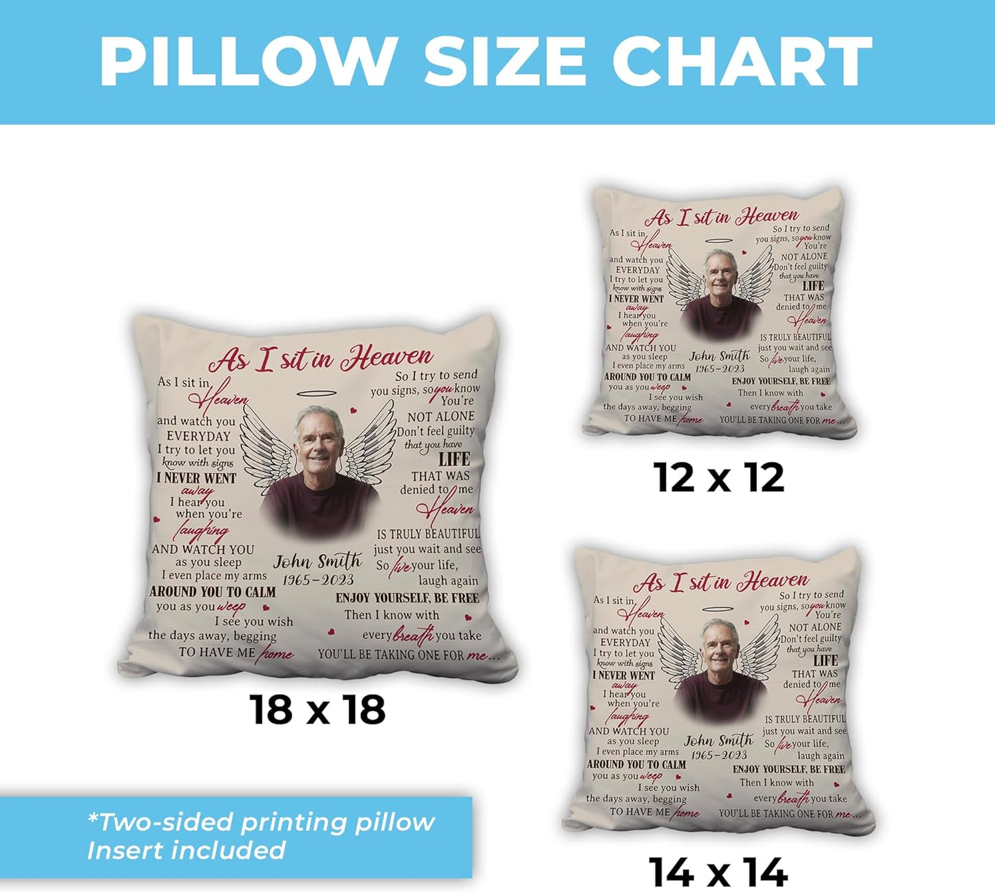 Personalized “As I Sit in Heaven” Memorial Pillow with Insert – Custom Photo Remembrance Gift – Sympathy Throw Pillow for Healing Comfort