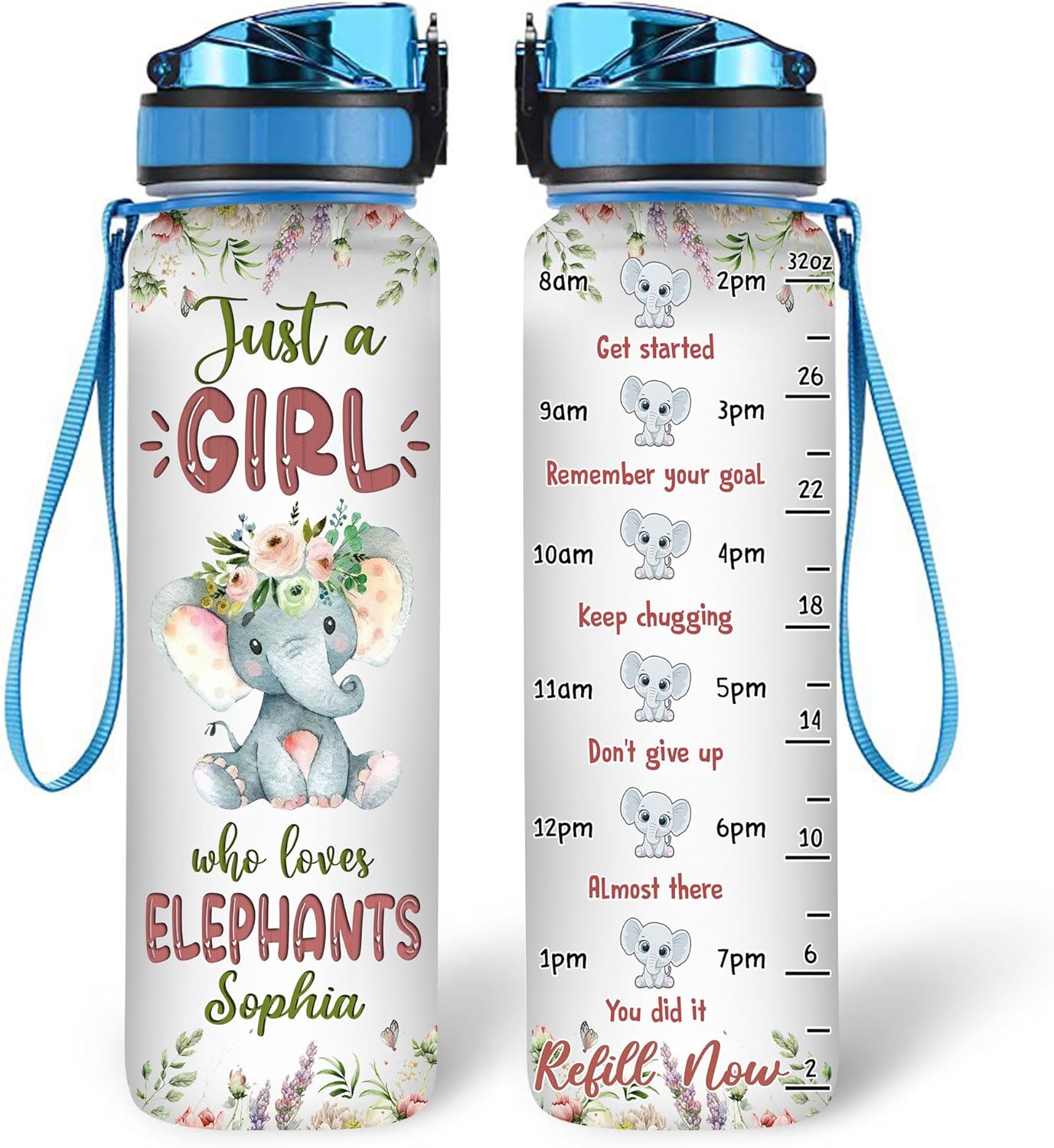 Elephant Water Bottle Tracker 32oz Personalized – Cute Animal Hydration Bottle – Birthday or Christmas Gift for Elephant Lovers