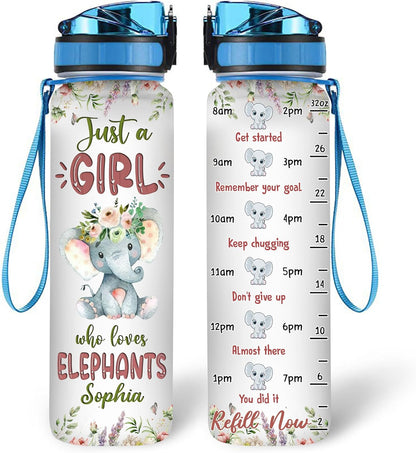 Elephant Water Bottle Tracker 32oz Personalized – Cute Animal Hydration Bottle – Birthday or Christmas Gift for Elephant Lovers