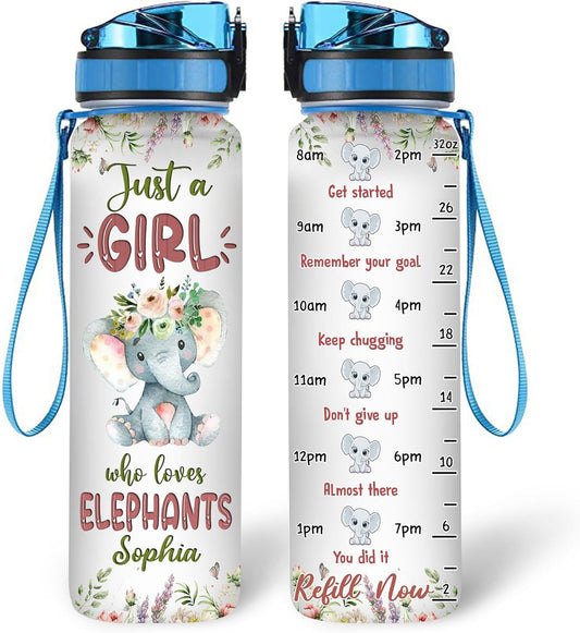 Elephant Water Bottle Tracker 32oz Personalized – Cute Animal Hydration Bottle – Birthday or Christmas Gift for Elephant Lovers
