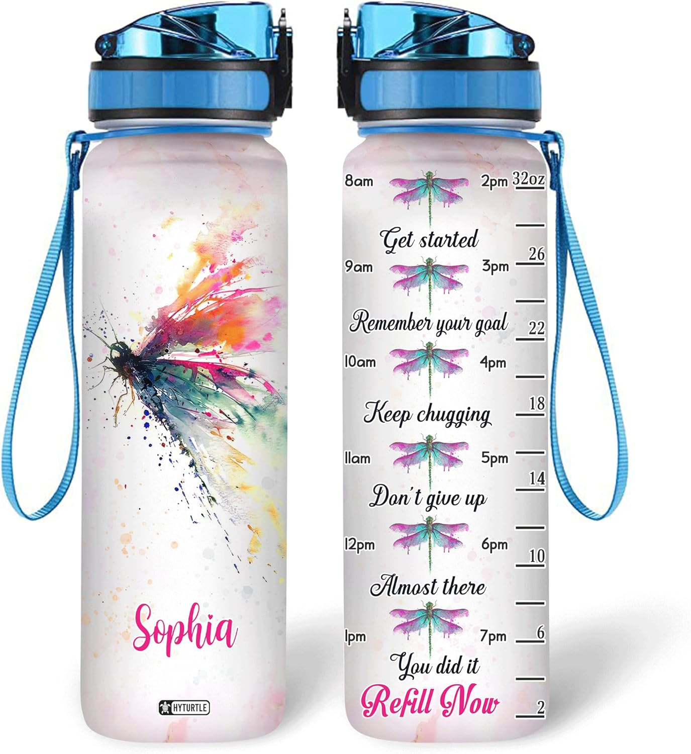 Dragonfly Watercolor Pattern - Personalized Water Tracker Bottle 32oz