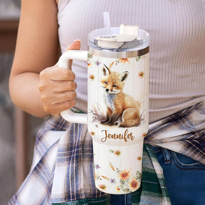 Fox Woodland Tumbler 40oz – Personalized Stainless Steel Insulated Cup with Handle & Straw – Cute Gift for Fox Lovers