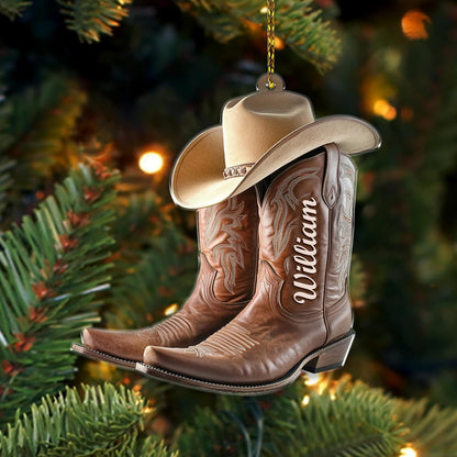 Cowboy Boots & Hat Cut Acrylic Ornament – Personalized Western Christmas Gift for Cowboy, Cowgirl, or Horse Lover