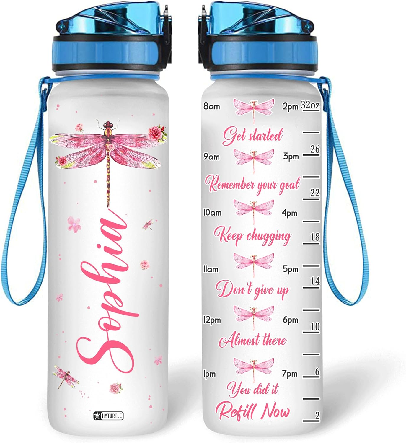 Pink Dragonfly - Personalized Water Tracker Bottle 32oz