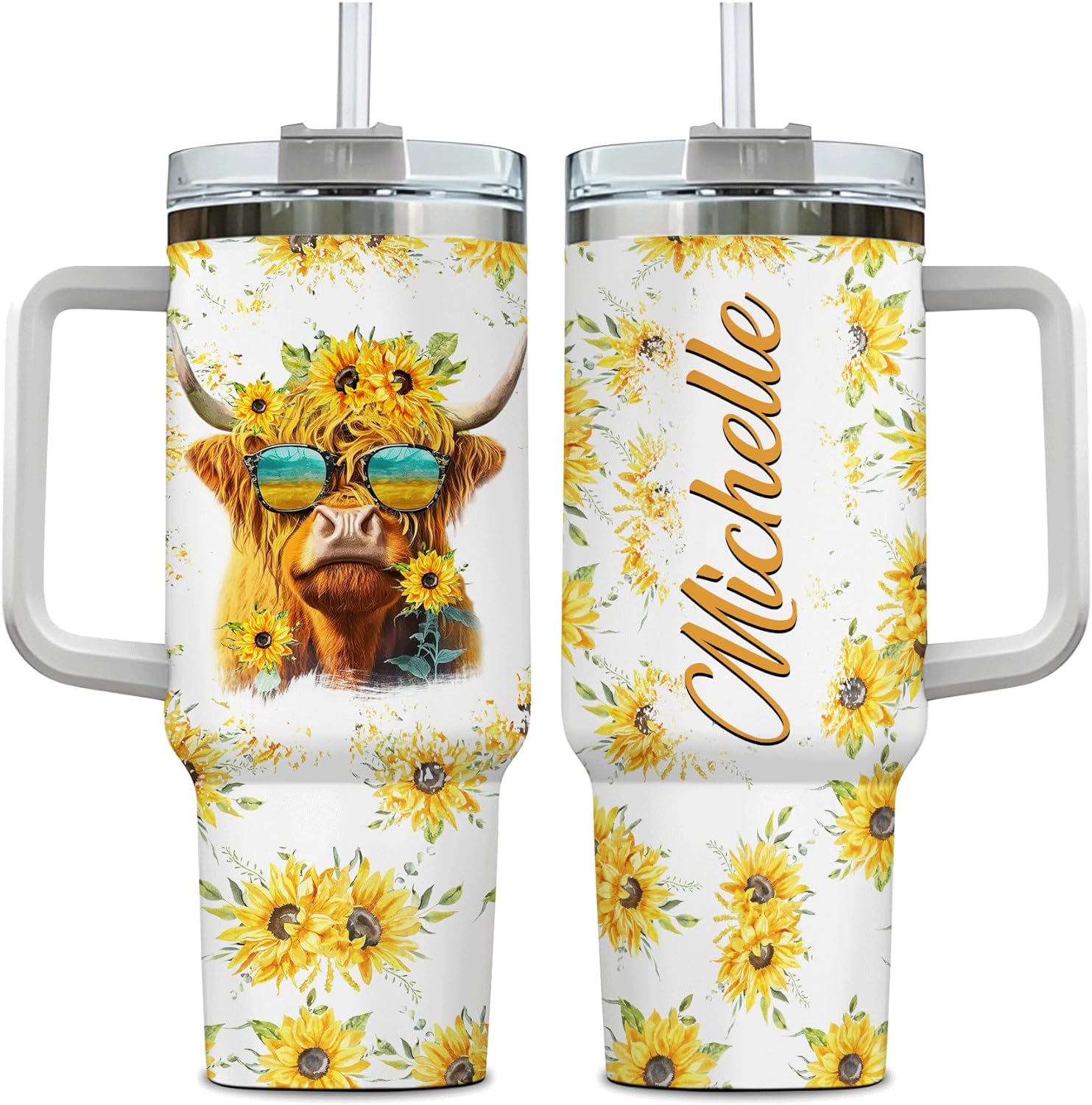 Highland Cow Tumbler 40oz with Handle & Straw – Personalized Stainless Steel Insulated Travel Cup with Lid – Fun Farm Gift for Cow Lovers
