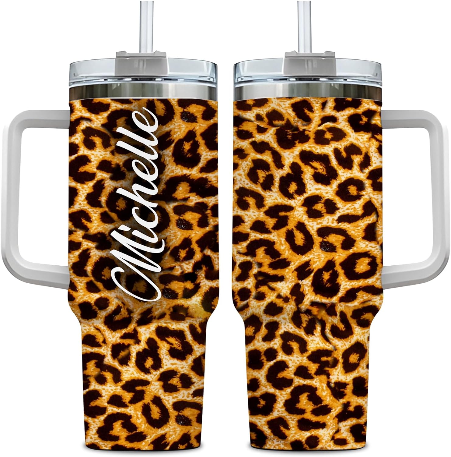 Leopard Print Tumbler 40oz with Handle & Straw – Personalized Stainless Steel Insulated Travel Cup with Lid – Stylish Gift for Women