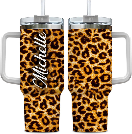 Leopard Print Tumbler 40oz with Handle & Straw – Personalized Stainless Steel Insulated Travel Cup with Lid – Stylish Gift for Women