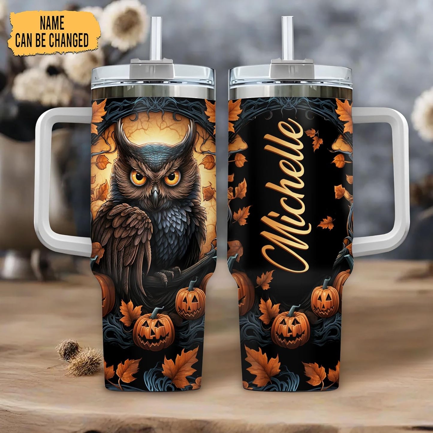 Halloween Owl Tumbler 40oz with Handle & Straw – Personalized Stainless Steel Insulated Cup with Lid – Spooky Gift for Owl Lovers