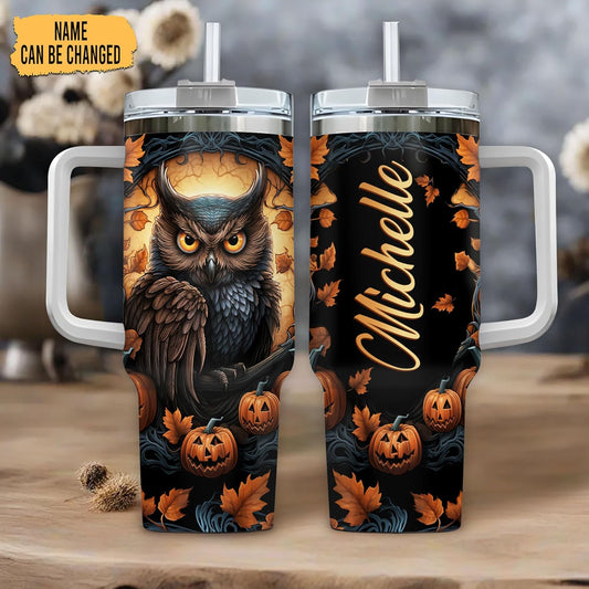 Halloween Owl Tumbler 40oz with Handle & Straw – Personalized Stainless Steel Insulated Cup with Lid – Spooky Gift for Owl Lovers