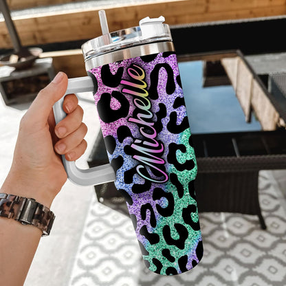 Colorful Leopard Print Tumbler 40oz with Handle & Straw – Personalized Stainless Steel Insulated Cup with Lid – Creative Gift for Women