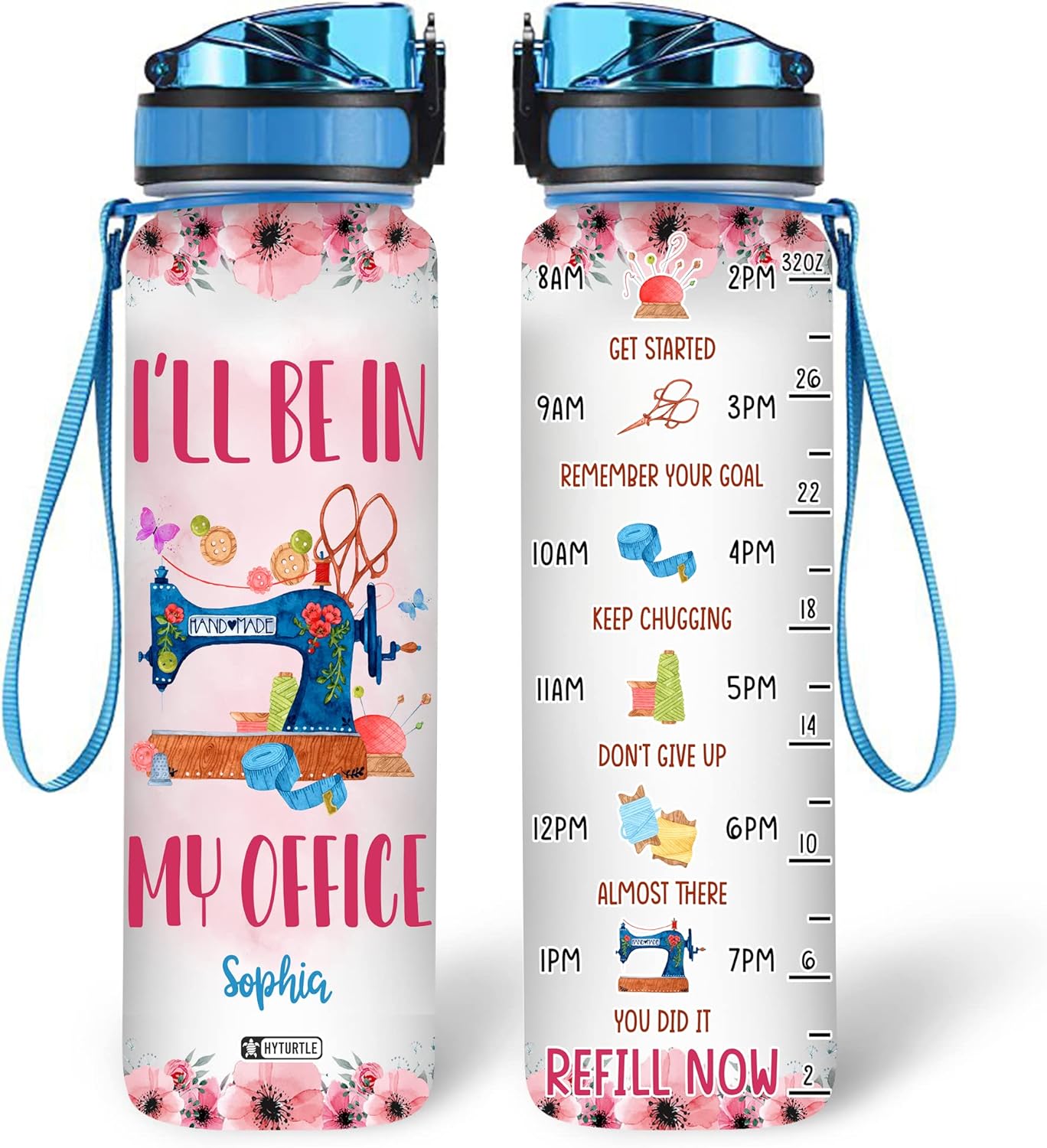 Sewing Machine Water Bottle Tracker 32oz – Personalized Motivational Hydration Bottle with Time Marker – Creative Gift for Sewing Lovers