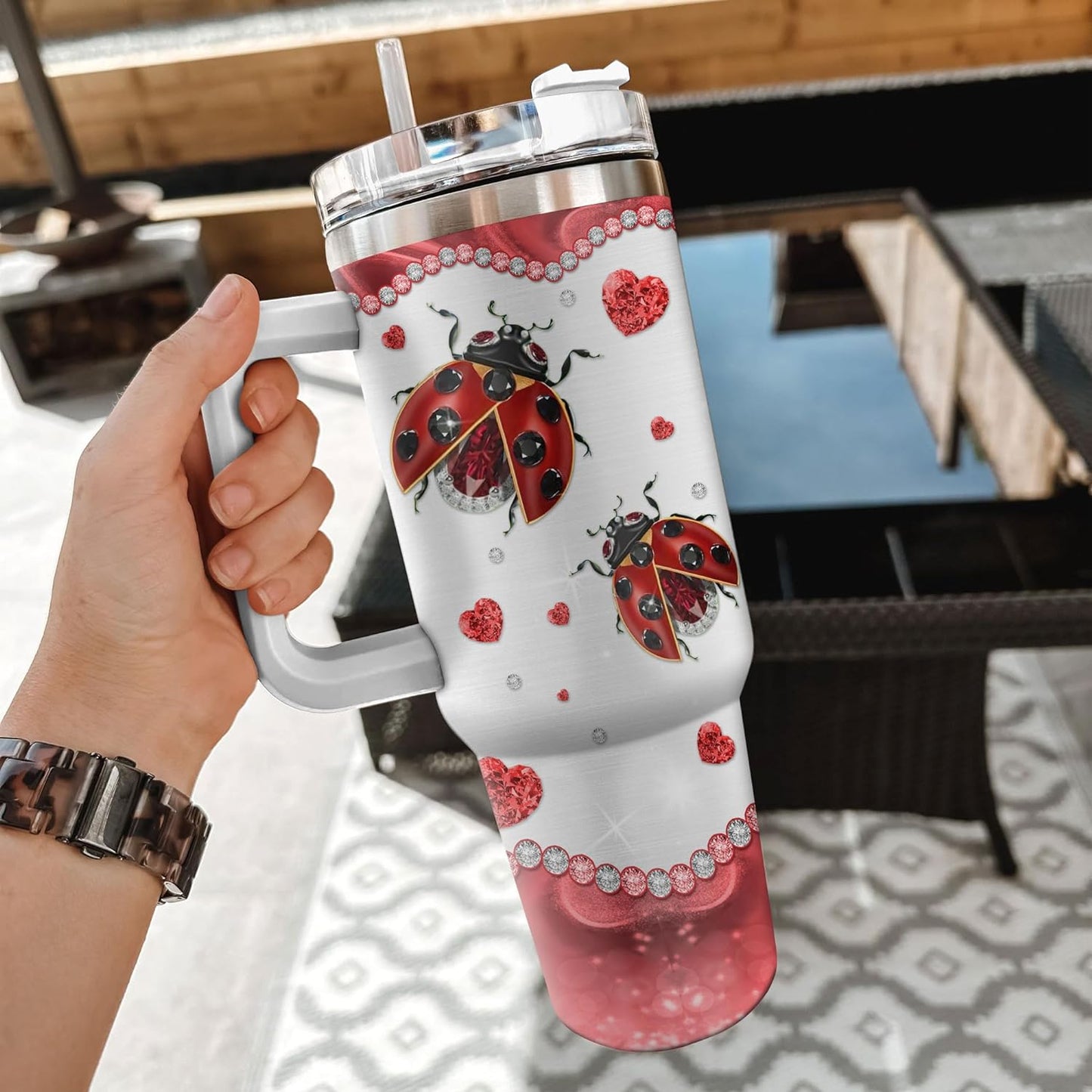 Ladybug Sparkle Tumbler 40oz with Handle & Straw – Personalized Stainless Steel Insulated Travel Cup with Lid – Cute Gift for Women & Kids