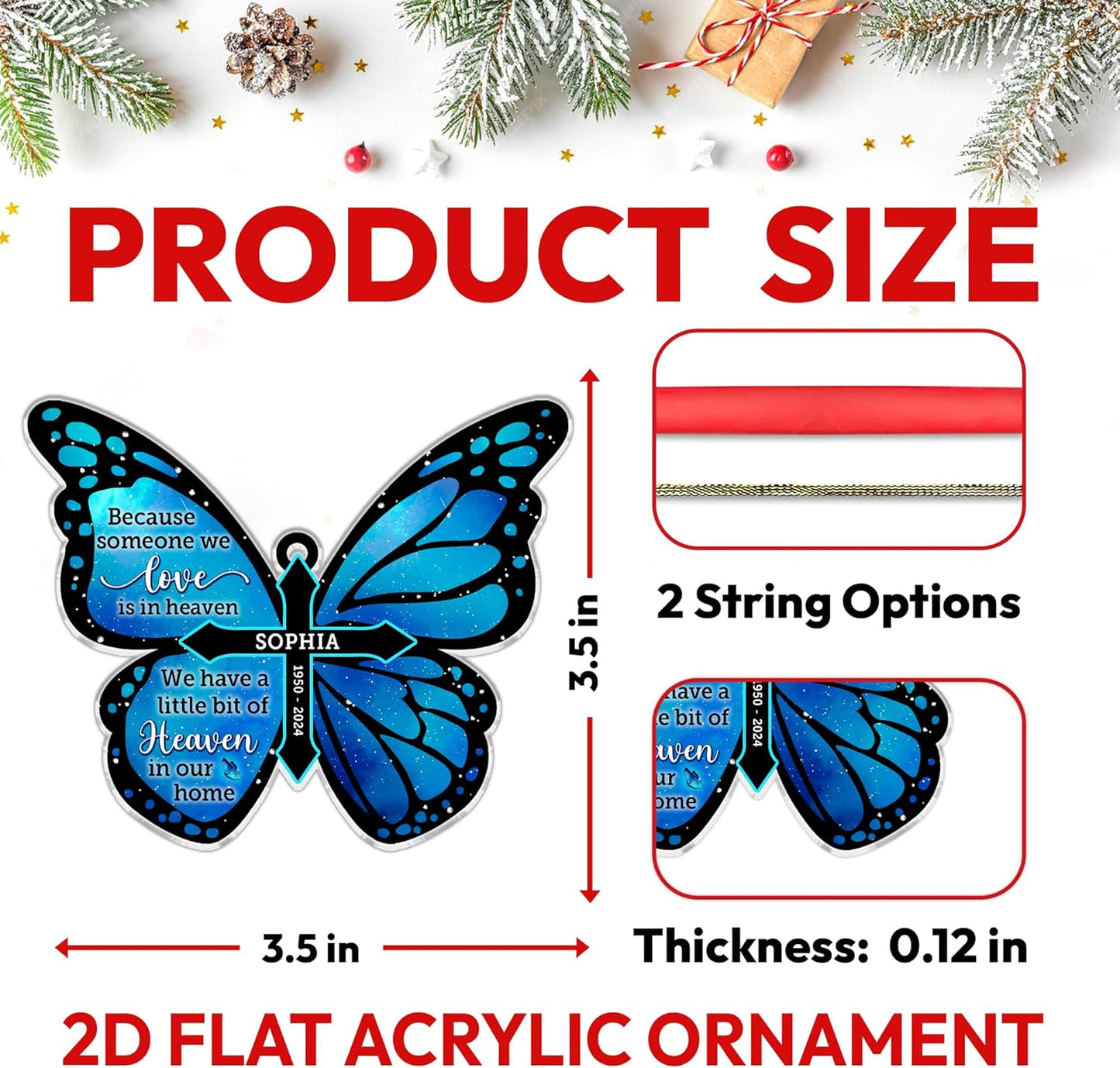 Blue Butterfly Memorial Cut Acrylic Ornament – Personalized Remembrance Gift with Custom Name and Years for Loss of Loved One, Bereavement