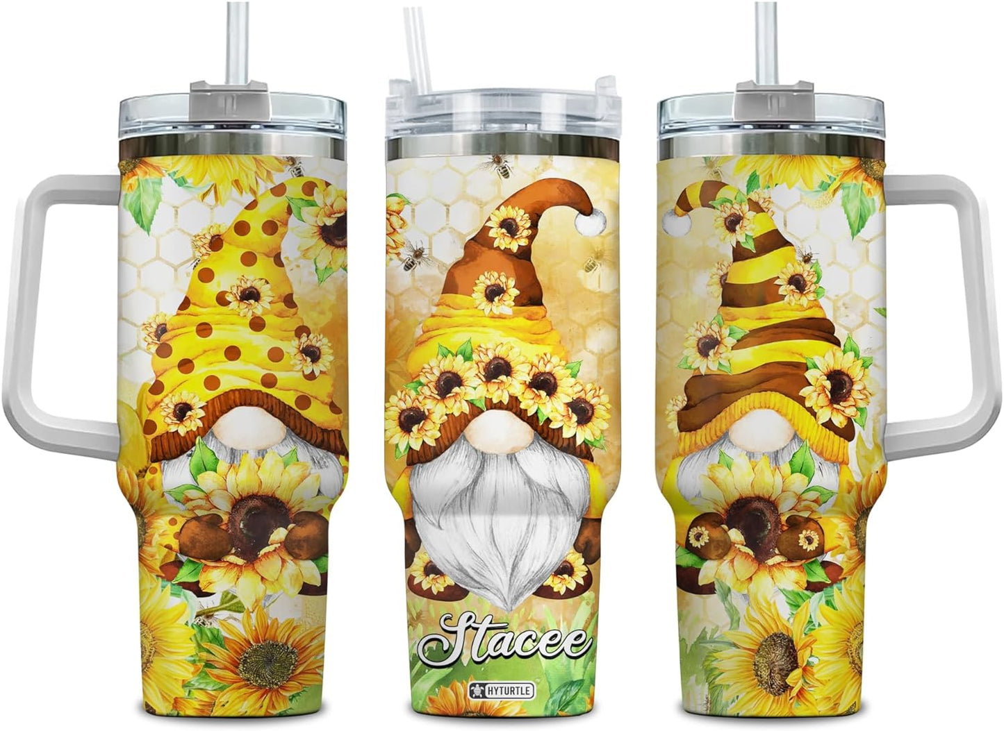 Sunflower Bee Gnome Tumbler 40oz with Handle & Straw – Personalized Stainless Steel Insulated Cup with Lid – Unique Gift for Gnome Lovers