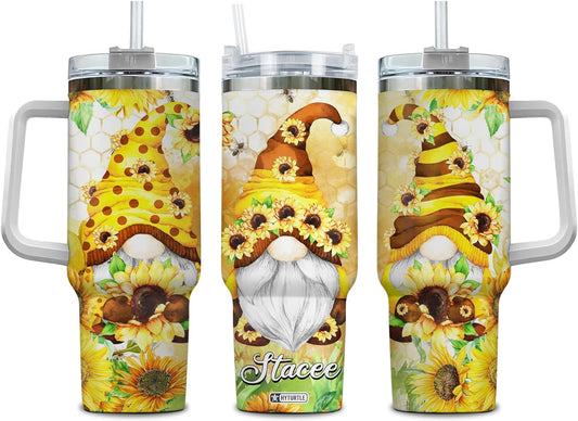 Sunflower Bee Gnome Tumbler 40oz with Handle & Straw – Personalized Stainless Steel Insulated Cup with Lid – Unique Gift for Gnome Lovers