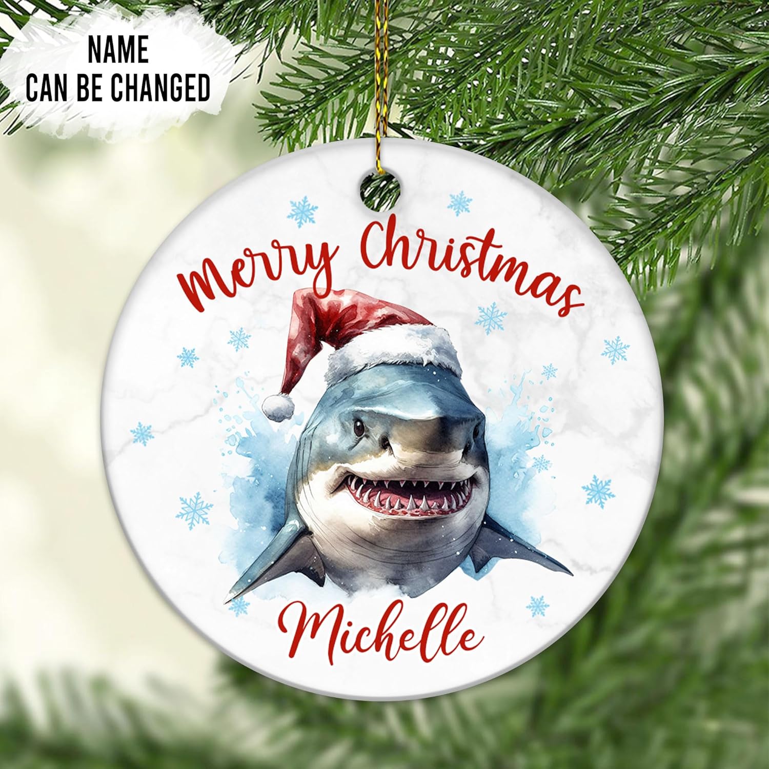 Shark Lover Ceramic Christmas Ornament  Personalized Merry Christmas Round Decoration  Sea Animal Gift Keepsake