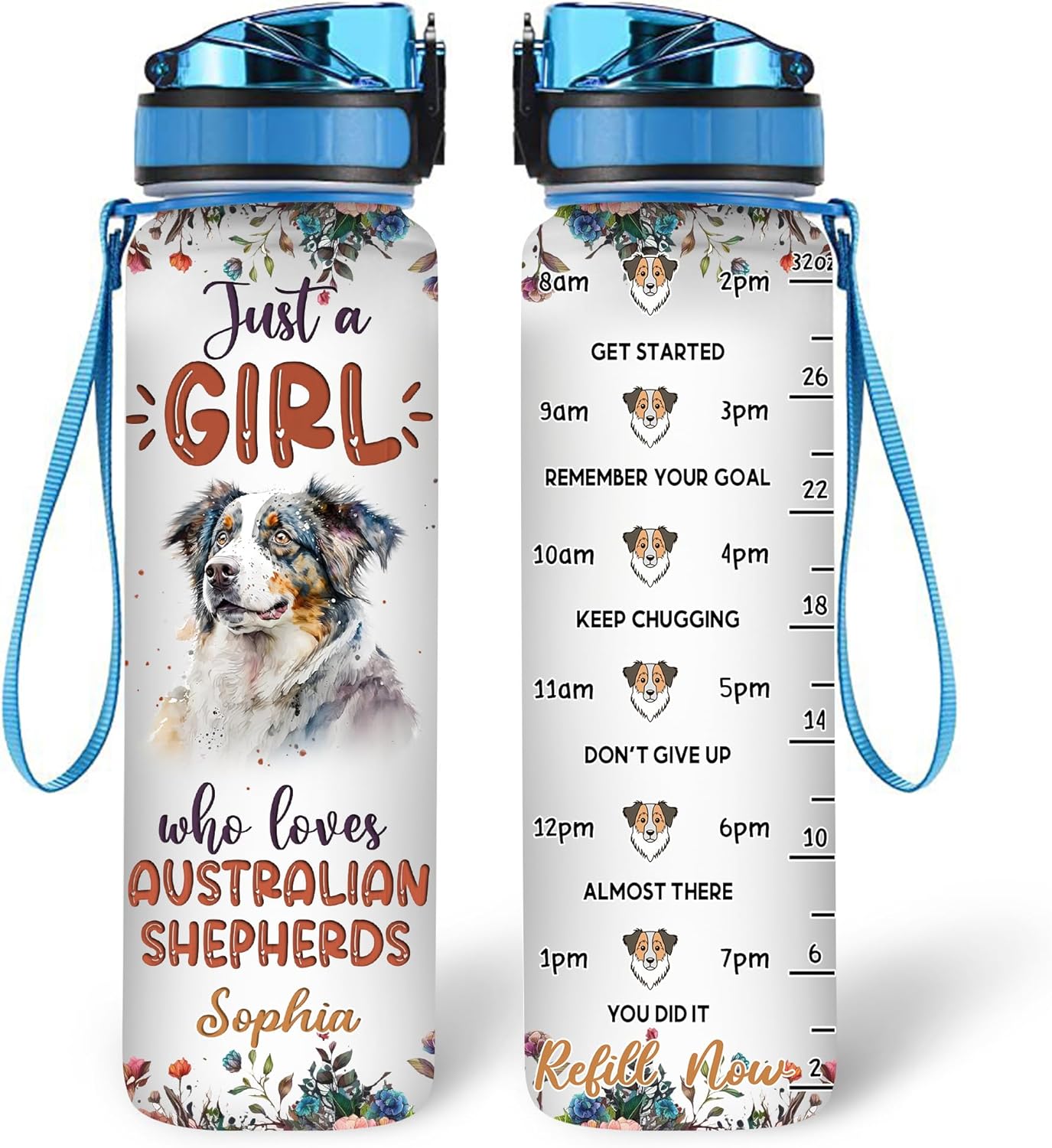 Australian Shepherd Lovers Water Bottle Tracker 32oz – Personalized Motivational Hydration Bottle with Time Marker – Unique Gift for Dog Moms on Birthday, Graduation
