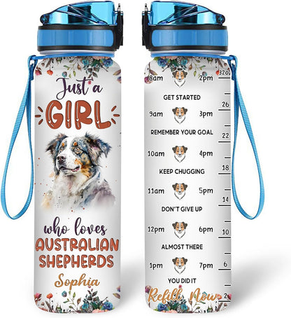 Australian Shepherd Lovers Water Bottle Tracker 32oz – Personalized Motivational Hydration Bottle with Time Marker – Unique Gift for Dog Moms on Birthday, Graduation