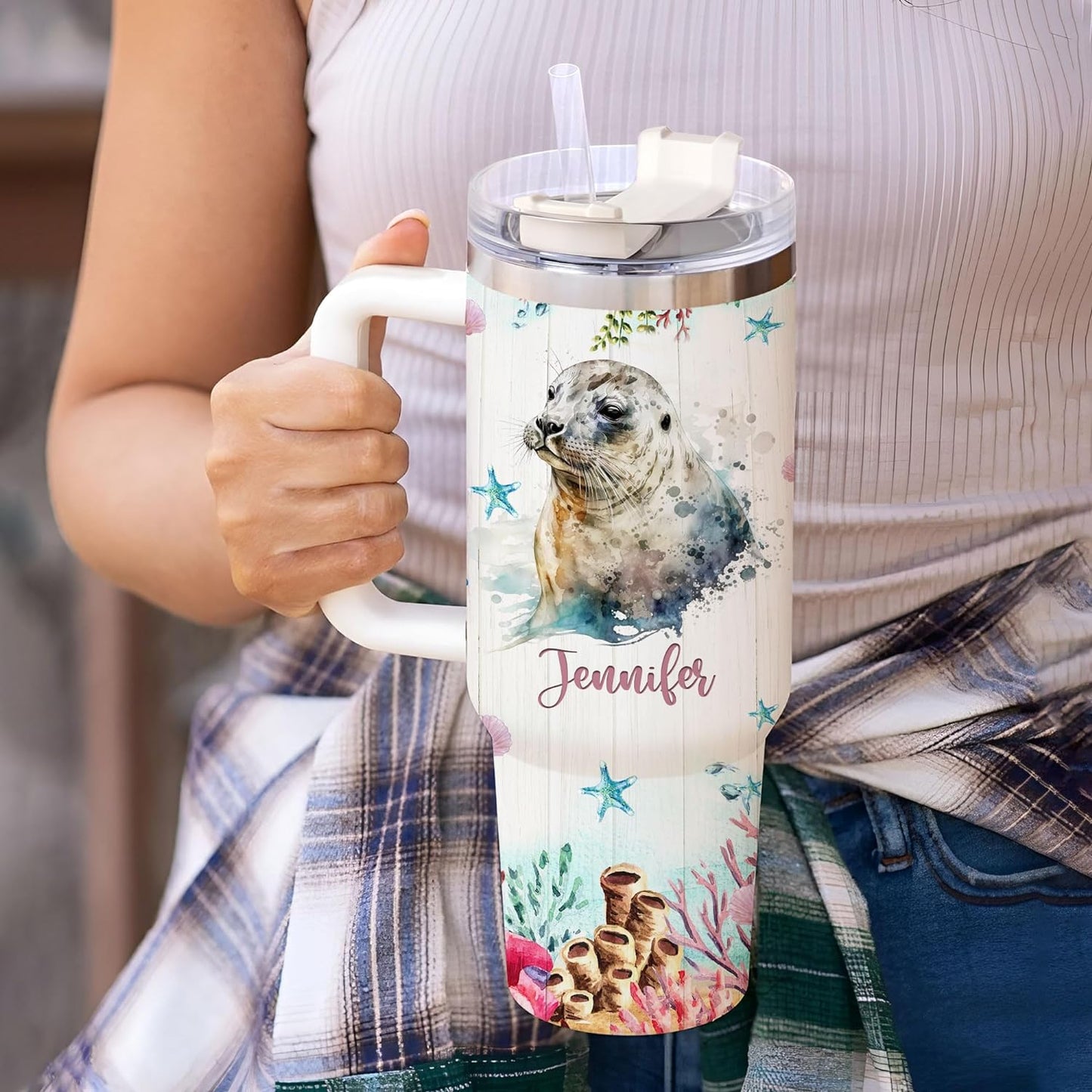 Seal Ocean Lover Tumbler 40oz – Personalized Stainless Steel Insulated Cup with Handle & Straw, Watercolor Marine Animal Design – Heartfelt Gift for Women & Girls