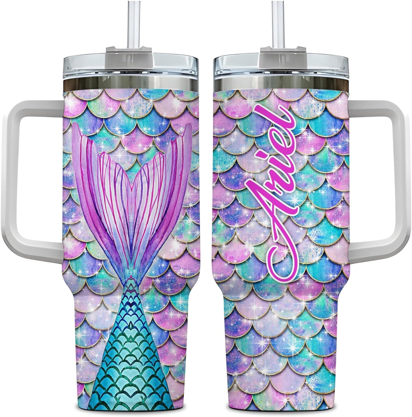 Mermaid Tail Tumbler 40oz with Handle & Straw – Personalized Stainless Steel Insulated Travel Cup with Lid – Unique Gift for Mermaid Lovers