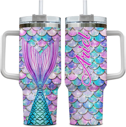 Mermaid Tail Tumbler 40oz with Handle & Straw – Personalized Stainless Steel Insulated Travel Cup with Lid – Unique Gift for Mermaid Lovers