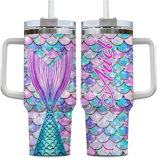 Mermaid Tail Tumbler 40oz with Handle & Straw – Personalized Stainless Steel Insulated Travel Cup with Lid – Unique Gift for Mermaid Lovers