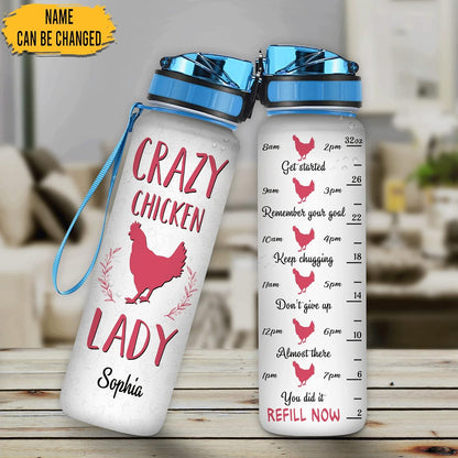 Crazy Chicken Lady 32oz Water Bottle Tracker – Personalized Hydration Bottle with Time Marker – Funny Gift for Farm & Animal Lovers