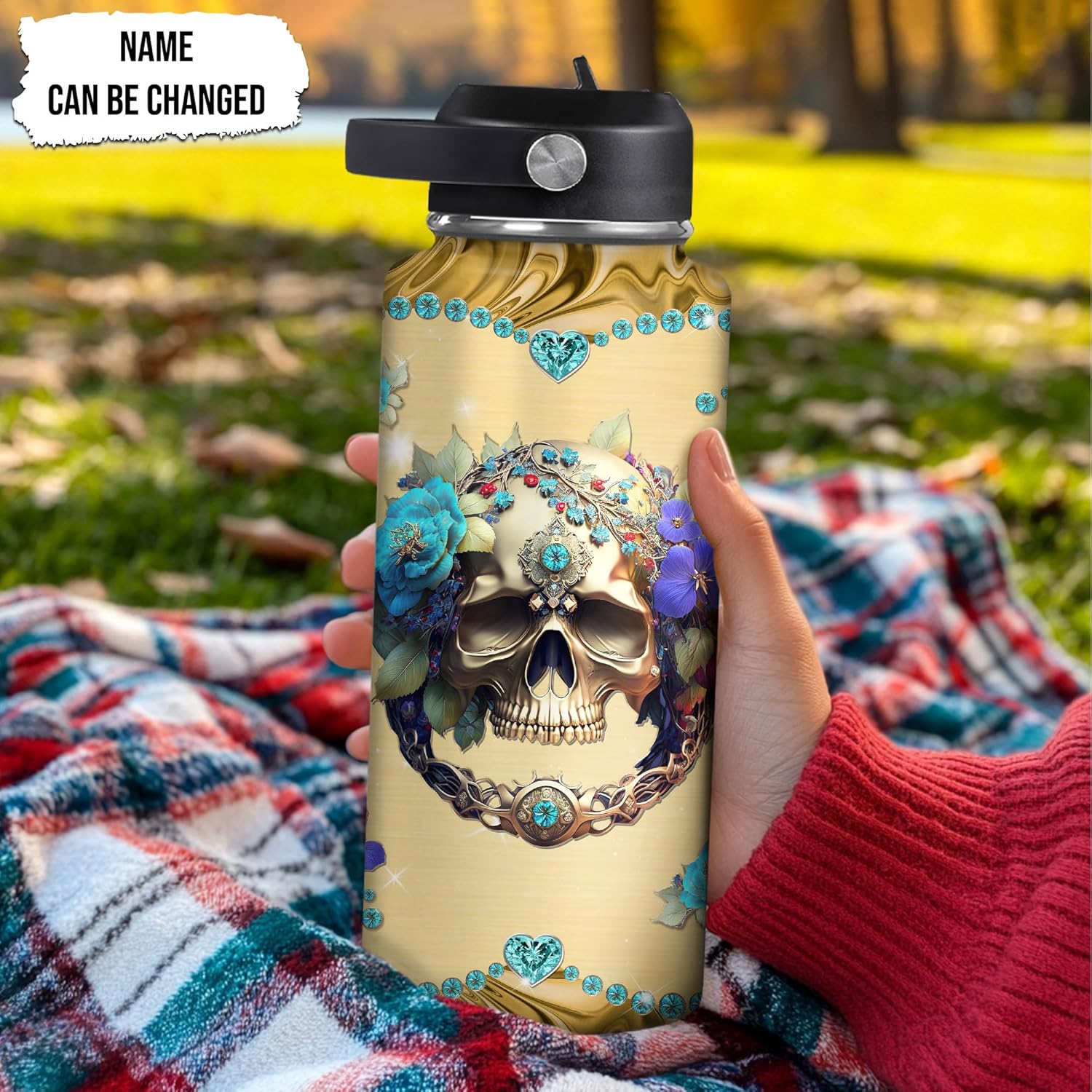 Turquoise Jeweled Skull – Travel Insulated Stainless Steel Bottle with Leak-Proof Lid 32oz – Personalized Gothic Gift