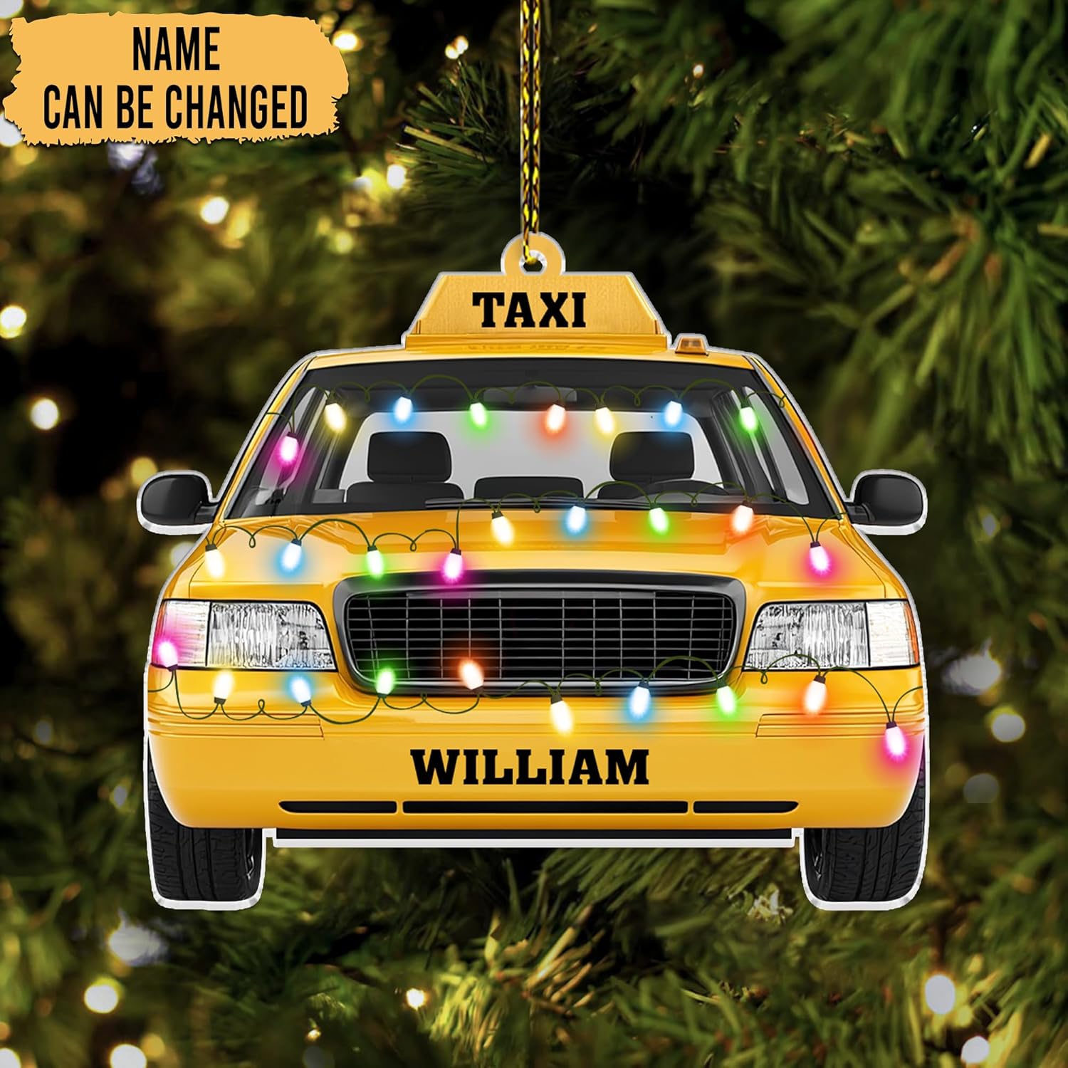 Taxi cab with festive lights cut acrylic ornament – personalized 2D flat silhouette, custom name Christmas keepsake gift for taxi driver appreciation or retirement
