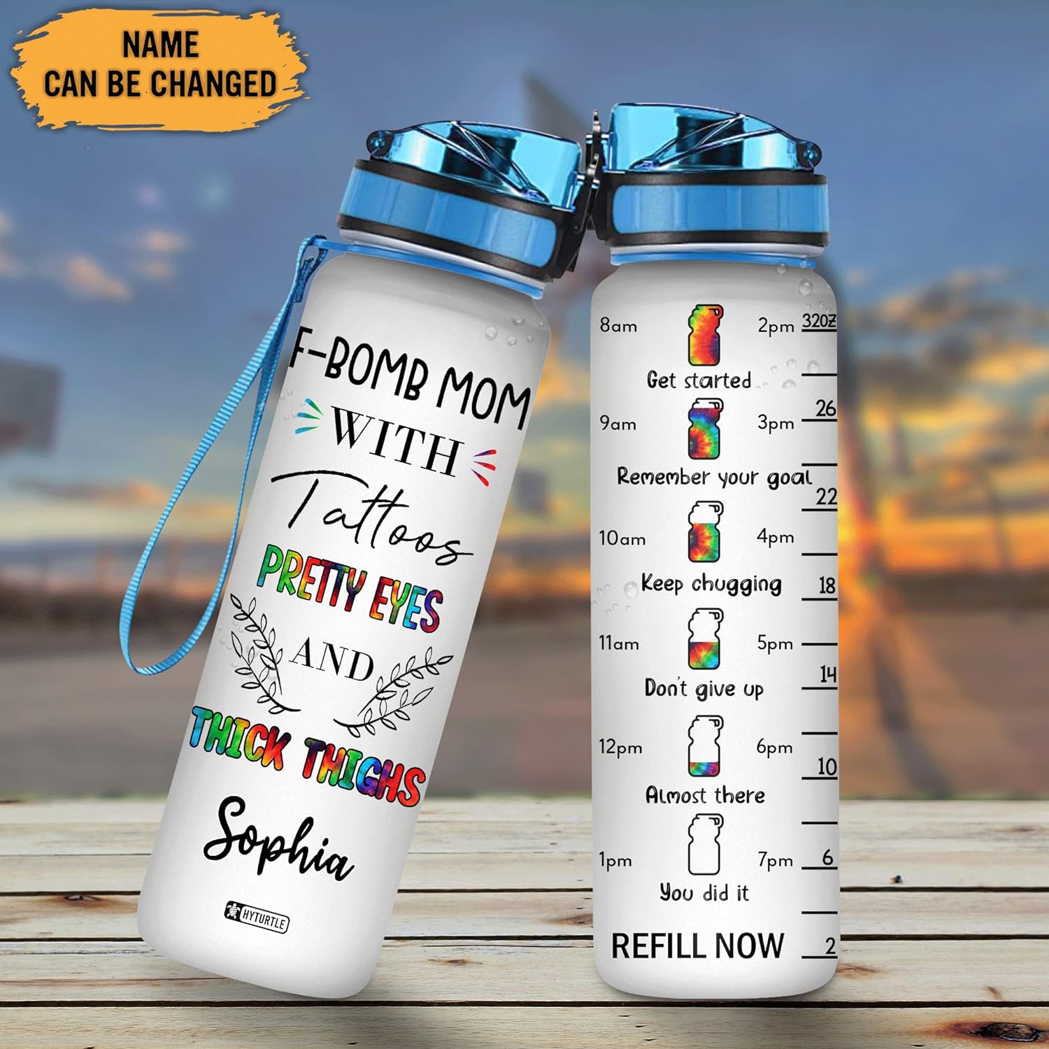 F-Bomb Mom With Tattoos Pretty Eyes - Personalized Water Tracker Bottle 32oz