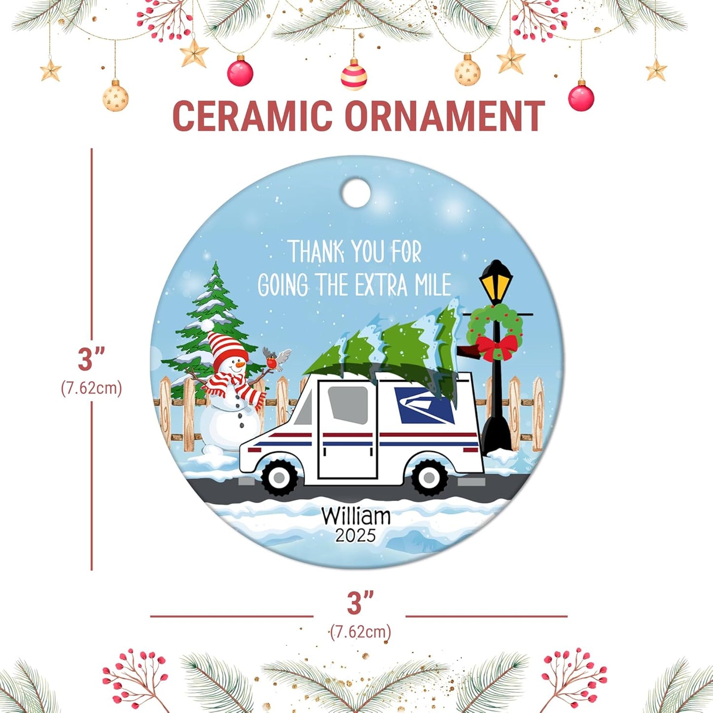 Mail Carrier Snowy Route Ceramic Circle Ornament – Personalized Christmas Thank-You Gift for Postal Worker, Delivery Driver or Mailman Appreciation