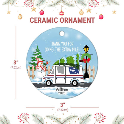 Mail Carrier Snowy Route Ceramic Circle Ornament – Personalized Christmas Thank-You Gift for Postal Worker, Delivery Driver or Mailman Appreciation