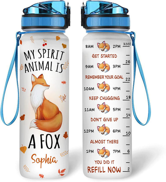 Spirit Animal Fox Water Bottle Tracker 32oz – Personalized Birthday Gift for Women & Animal Lovers