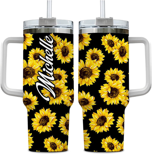 Sunflower Pattern Tumbler 40oz – Personalized Stainless Steel Insulated Cup with Handle & Straw – Bright Gift for Flower Lovers