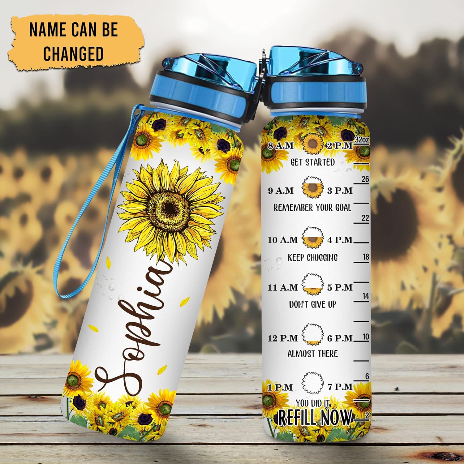 Sunflower Theme - Personalized Water Tracker Bottle 32oz