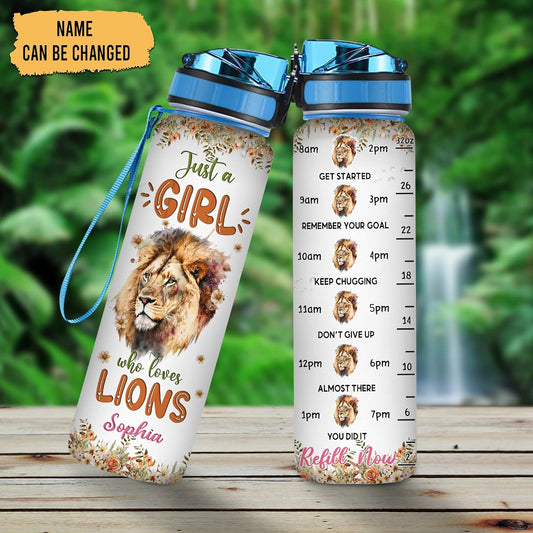 Lion Lovers Water Bottle Tracker 32oz – Personalized Motivational Bottle with Time Marker – Bold Gift for Animal Lovers