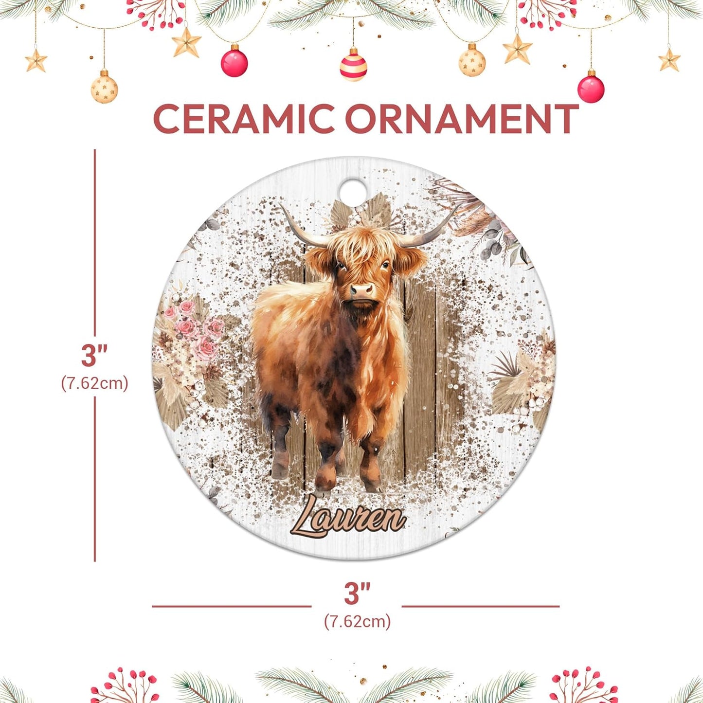 Highland Cow Floral Rustic Ceramic Ornament – Personalized Custom Name Circle Keepsake, Christmas or Birthday Gift for Highland Cow Lover Women