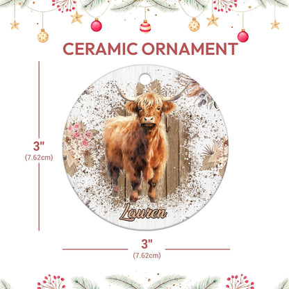 Highland Cow Floral Rustic Ceramic Ornament – Personalized Custom Name Circle Keepsake, Christmas or Birthday Gift for Highland Cow Lover Women
