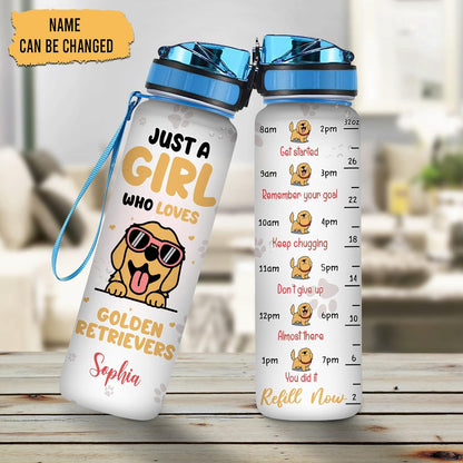 Golden Retriever Lovers Water Bottle Tracker 32oz Personalized – Cute Dog Motivational Bottle with Time Marker – Unique Gift for Pet Owners